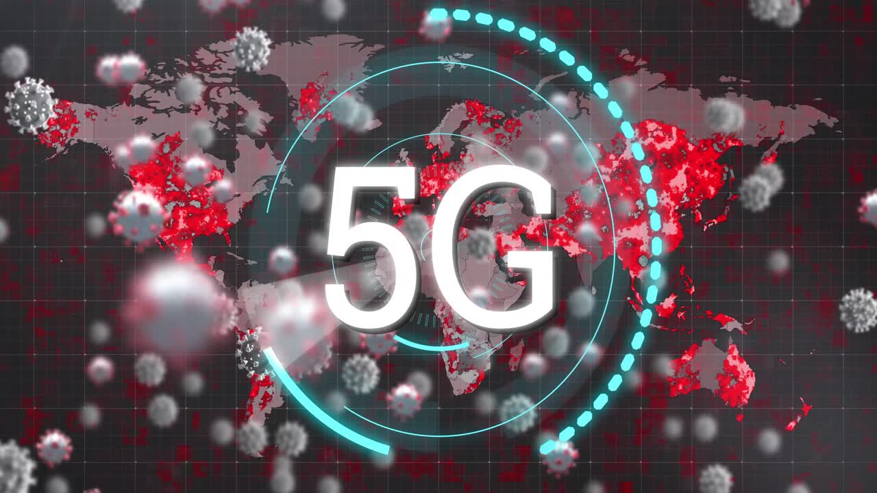세계 지도에서 움직이는 코로나19 세포에 대한 원 위의 5g 텍스트