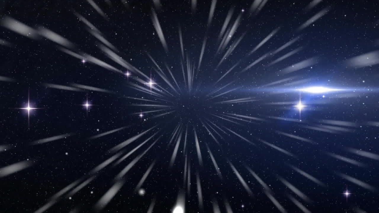 Animation of white shapes and stars moving on black background