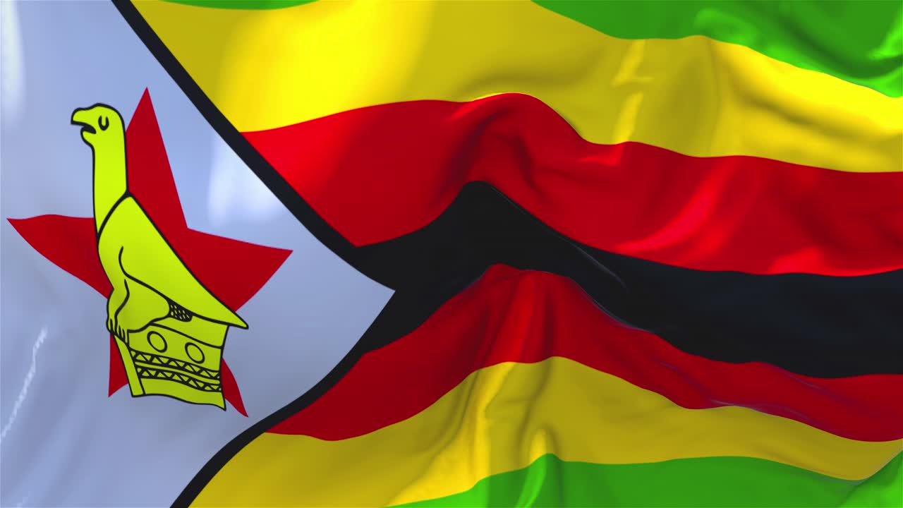 240 bandiera dello Zimbabwe che sventola al vento, animazione 4K in slow motion, texture del tessuto realistica e fluida.