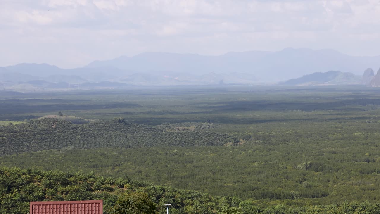 Sweeping aerial view of Phang Nga's verdant terrain and limestone formations under soft daylight, showcasing natural beauty and tranquility