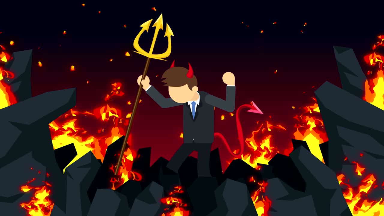 지옥에서 날아다니는 만화 악마, 불타는 야생에서 비즈니스 캐릭터, 할로윈, 코스플레이, 루프 무서운 애니메이션