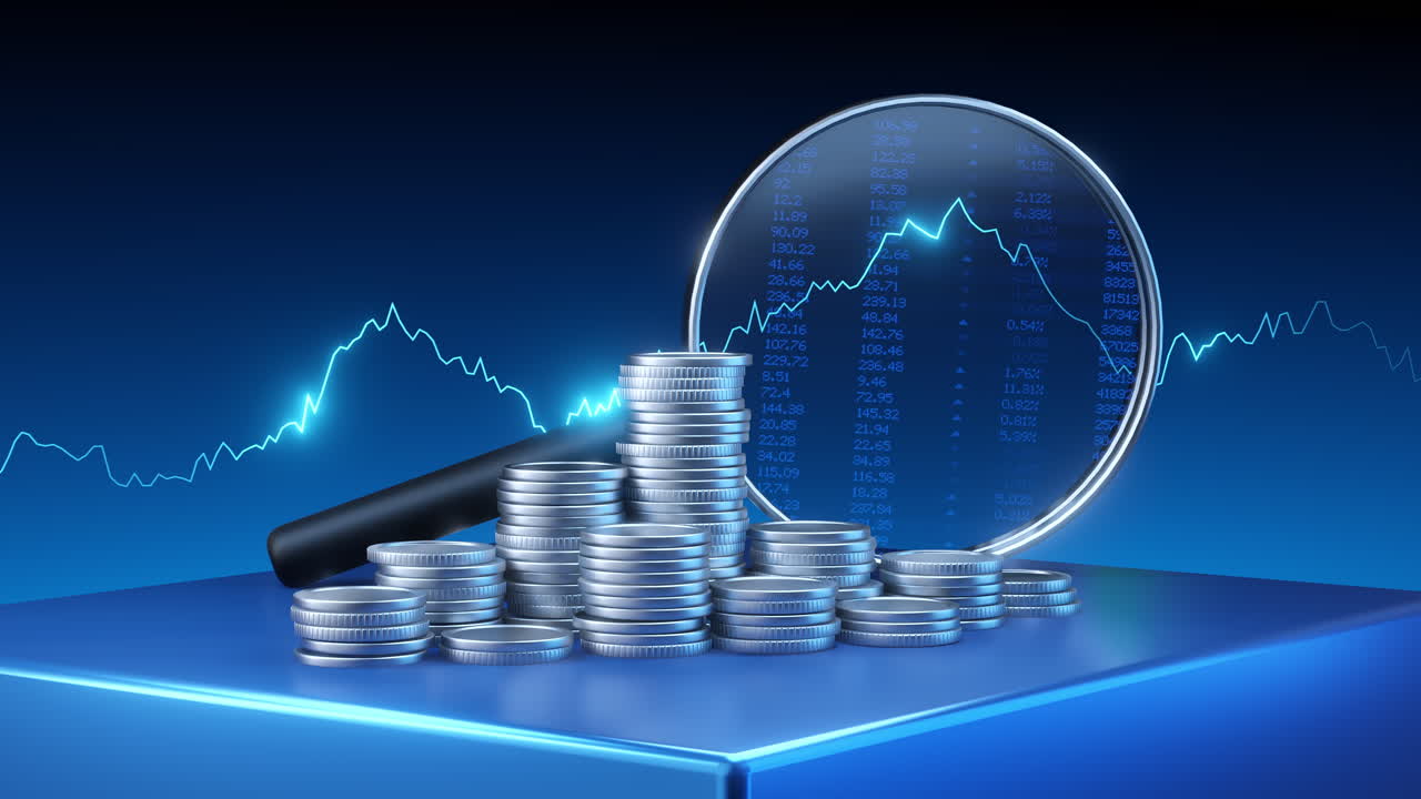 銀貨と虫眼鏡で見る金融グラフとデータ。ビジネスの成功と投資の成長のコンセプト。