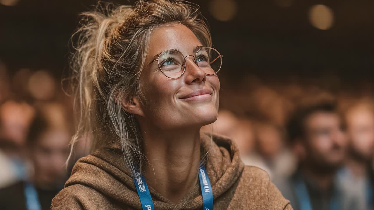 Captivated Audience Member Smiling with Engagement and Enthusiasm at a Live Event Surrounded by Fellow Attendees in a Warm Atmosphere