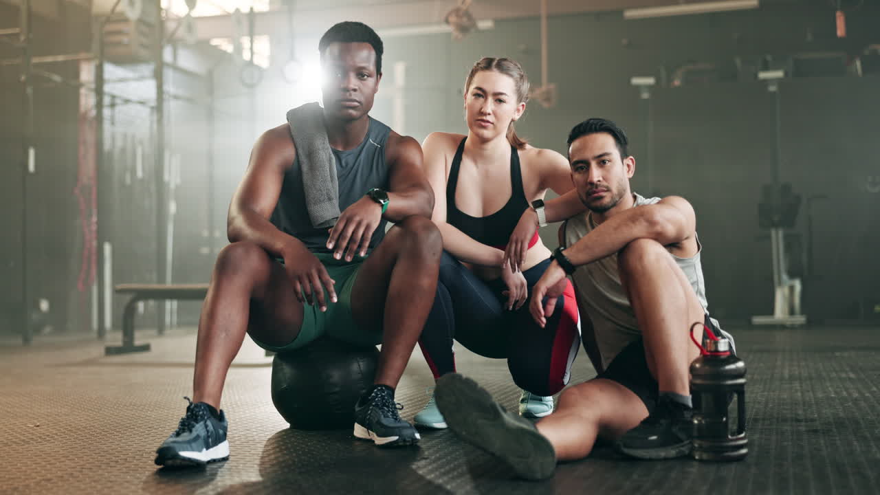fitness, grupo y cara en el gimnasio con confianza