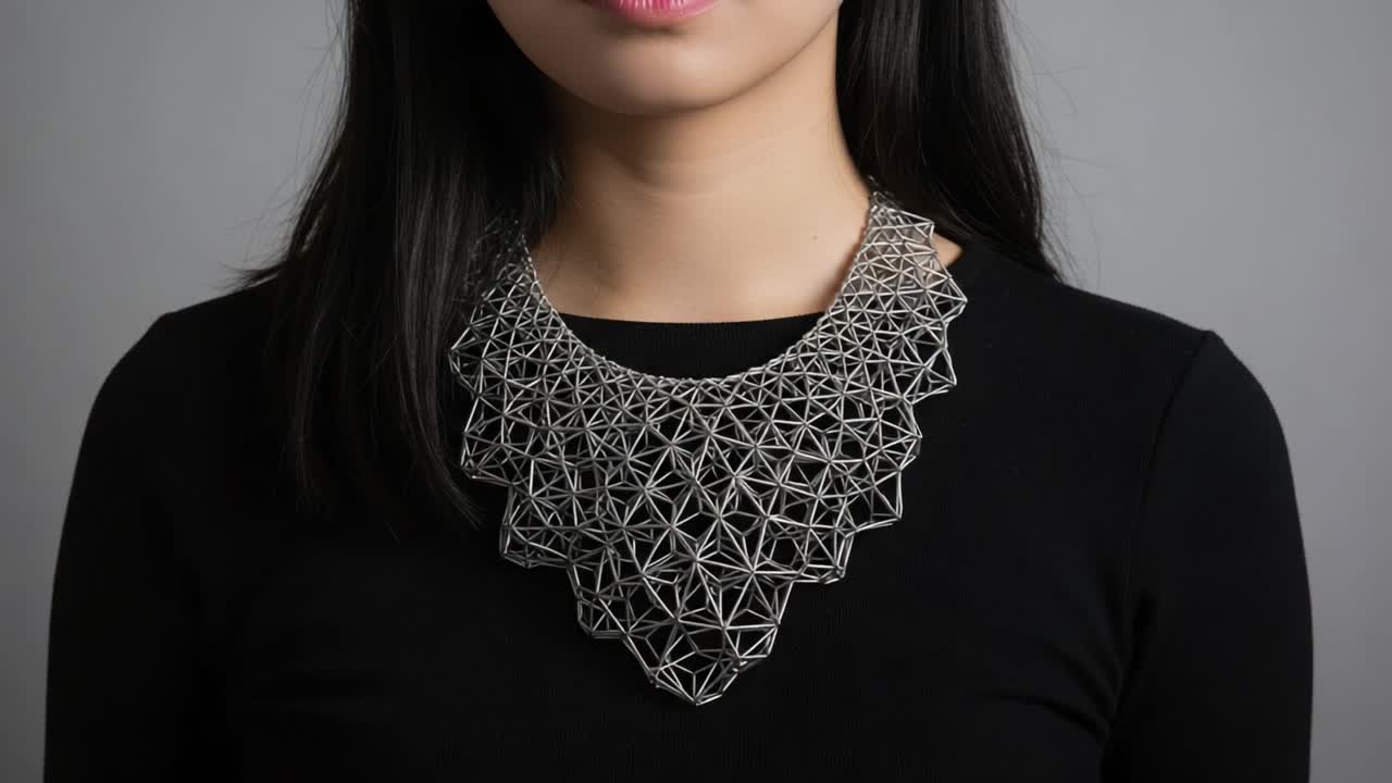 A Stunning Display of Modern Jewelry: A Beautifully Crafted Geometric Necklace Featuring Intricate Designs and a Unique Structure Worn by a Model
