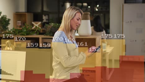 Animation-of-financial-data-processing-over-caucasian-businesswoman-working-in-office