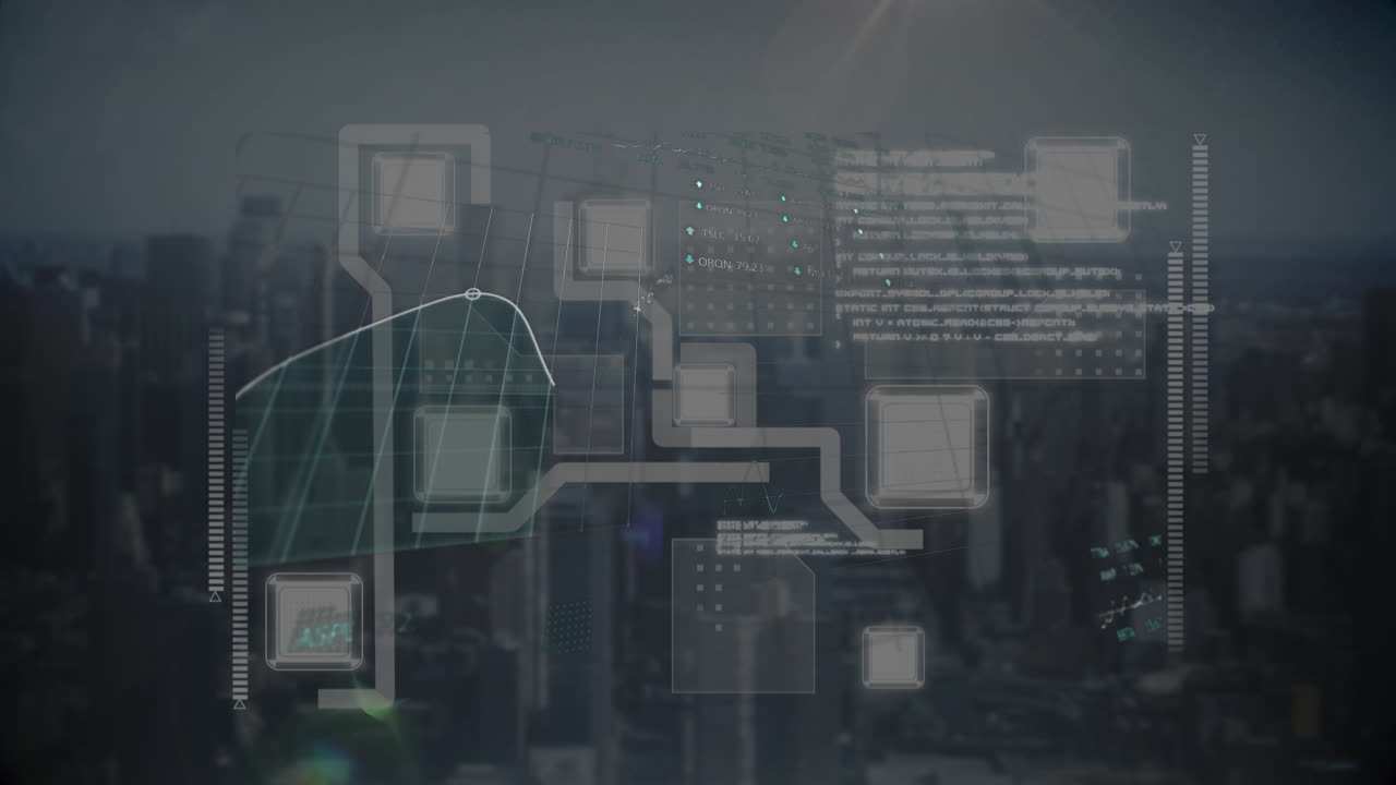Animation of computer circuit board and financial data processing over cityscape