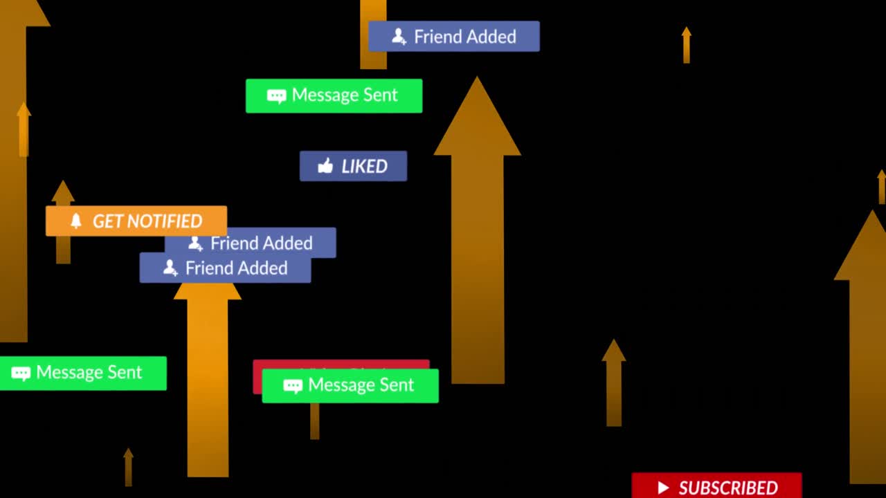 검은 바탕 위에 떨어지는 소셜 미디어 아이콘과 화살표의 애니메이션