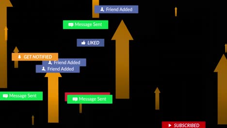 Animation-Fallender-Social-Media-Symbole-Und-Pfeile-Auf-Schwarzem-Hintergrund