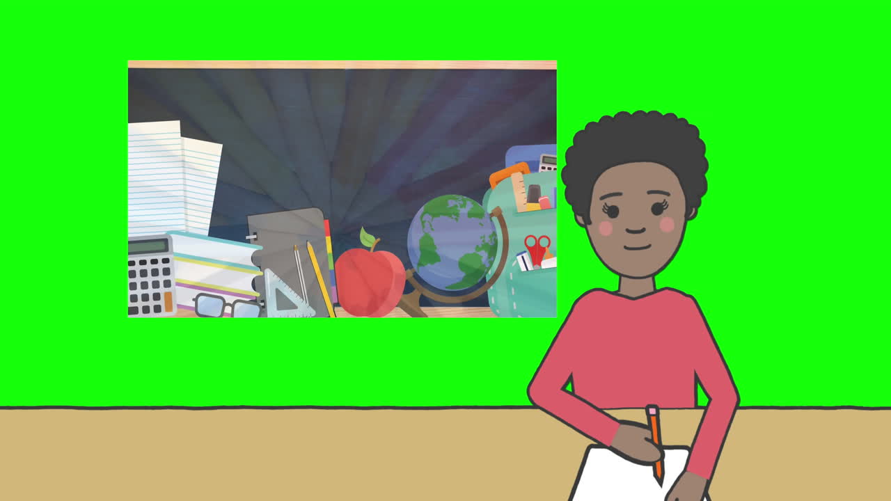 Animation of illustration of african american schoolgirl over education icons