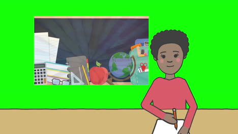 animación de la ilustración de una colegiala afroamericana sobre iconos de la educación