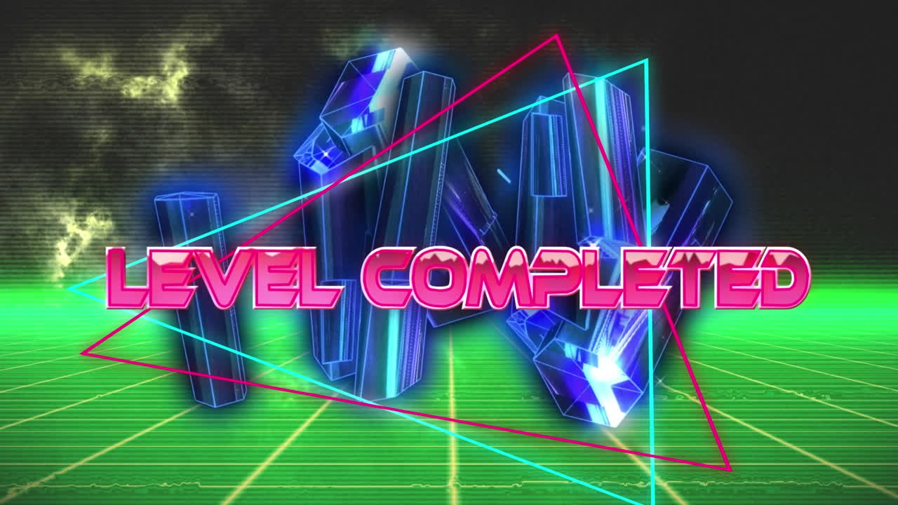 파란색 결정과 녹색 그리드 네트워크에 대한 네온 삼각형 위에 완성 된 텍스트 수준