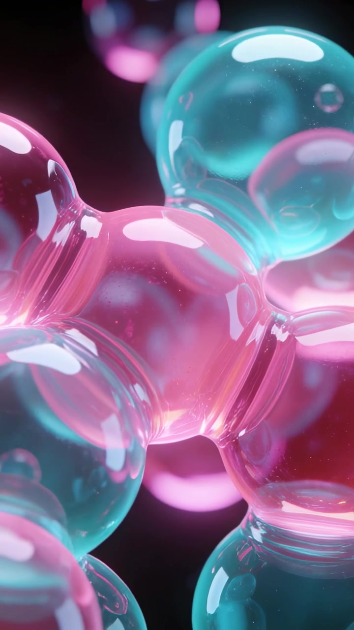 Video verticale: Gruppo di sfere rosa in movimento nell'inquadratura che ruota in uno studio buio con goccioline.
