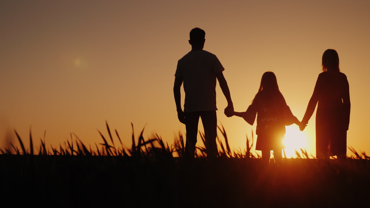 Una famiglia di tre persone attende un bellissimo tramonto. Vista da dietro. Video 4K.