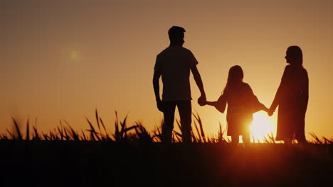 a family of three looks forward to a beautiful sunset back view 4k video