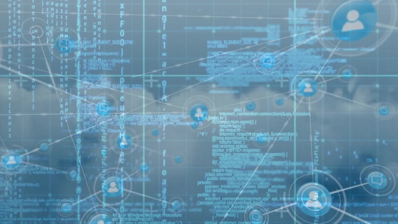 Animation of data processing over clouds and blue background