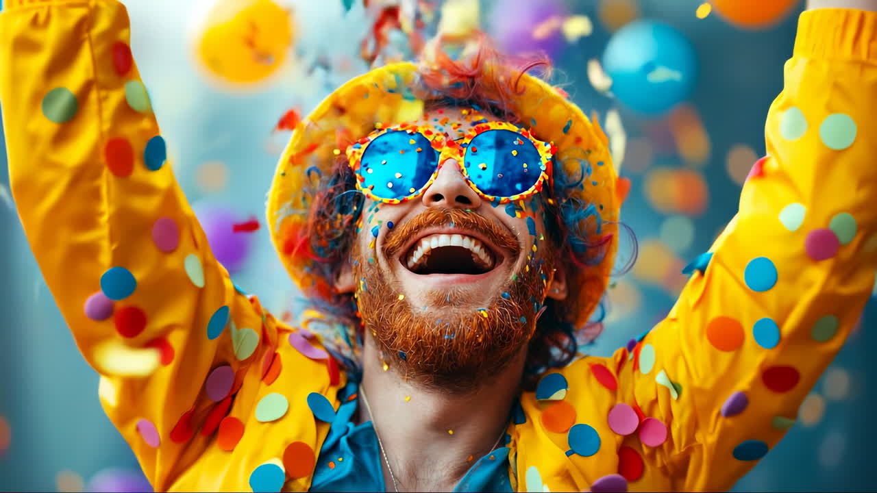Joyful celebration at colorful festival. A joyful man wearing sunglasses and a colorful hat smiles amid confetti and bright balloons during a festive event