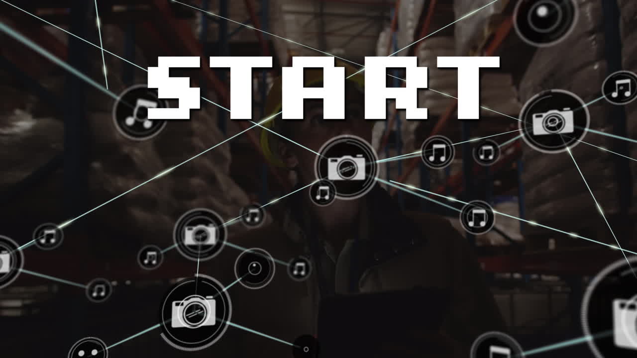 아이콘과 시작 텍스트를 가진 연결 네트워크의 애니메이션 2 인종 창고 노동자