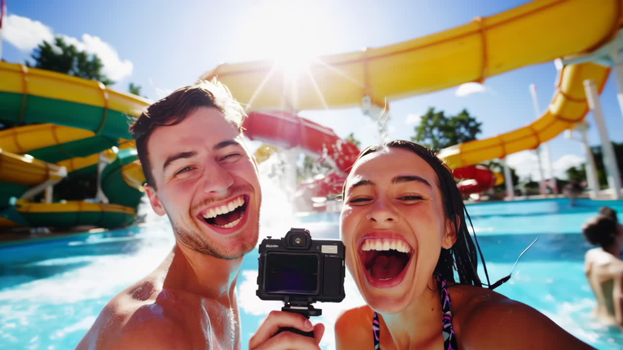 Joyful Couple Capturing Fun Moments at a Water Park