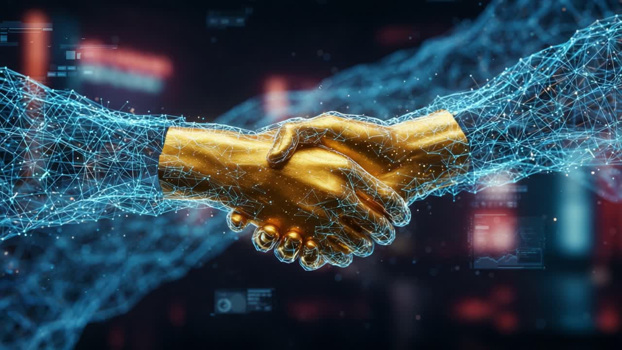 Una fusione dinamica di tecnologia e umanità: esplorare il potente simbolismo di due mani che si intersecano in un panorama digitale, a rappresentare collaborazione e innovazione