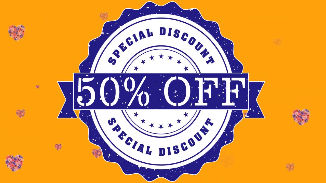 animación del 50 por ciento de venta de texto sobre flores que se mueven en movimiento hipnótico