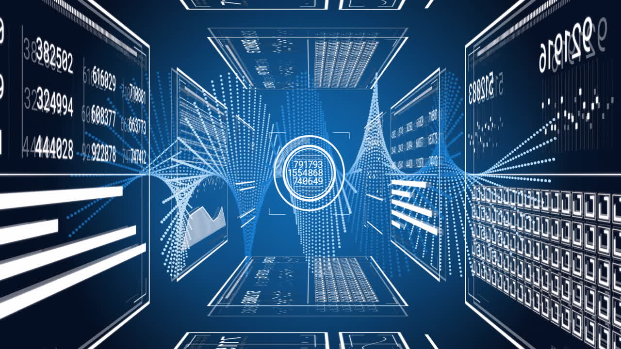 Digital data and graphs animation over blue background with futuristic interface