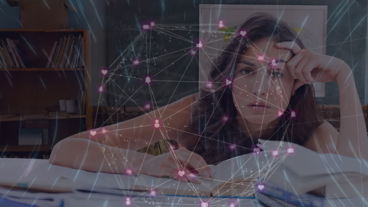 animación de la red de conexiones y senderos de luz sobre el estudiante caucásico en el aula