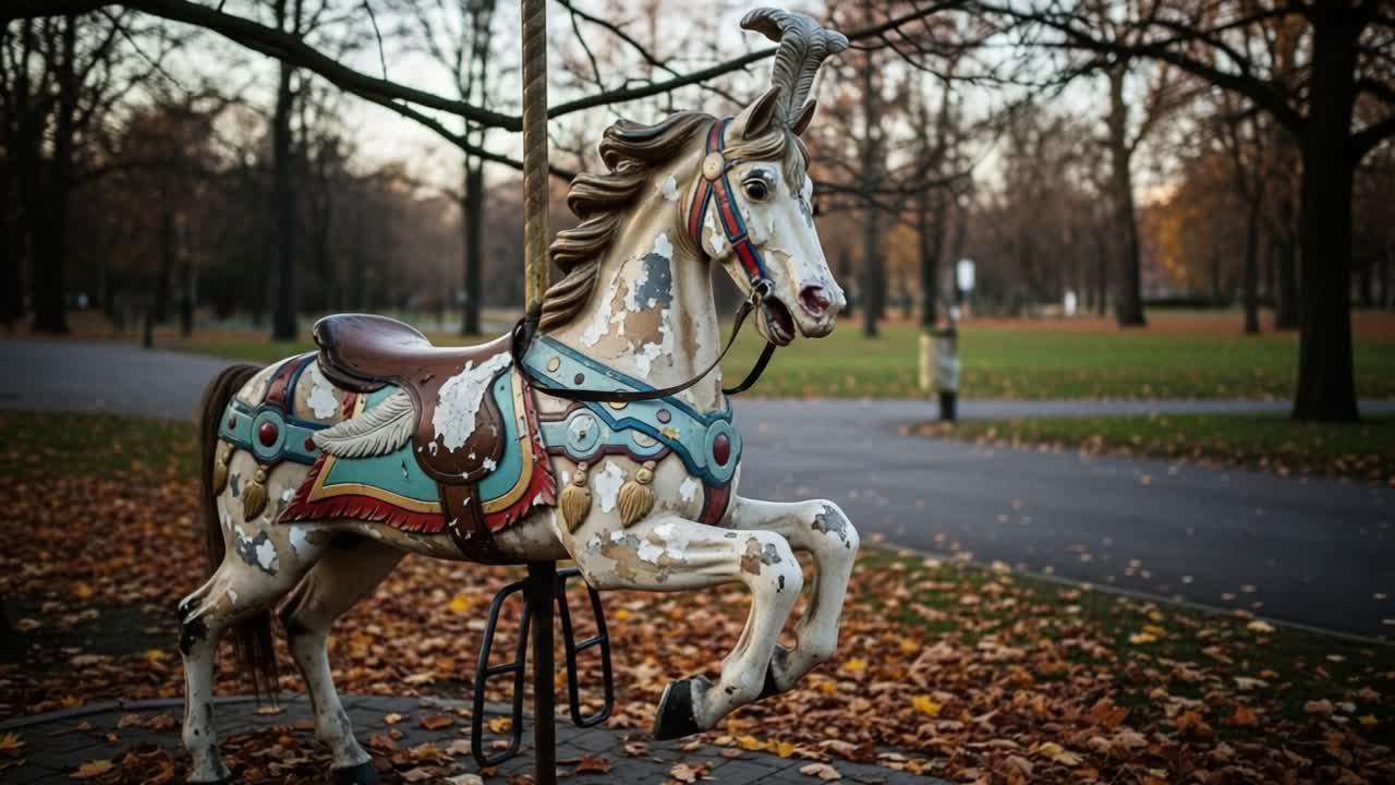 A nostalgic look at a vintage carousel unicorn captured in an autumn park setting, displaying intricate details and vibrant colors amidst fallen leaves