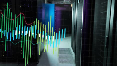 animación de gráficos multicolores en los estantes de los servidores de datos en la sala de servidores