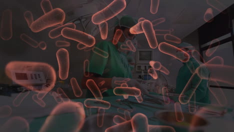 animación de células de virus y bacterias flotando sobre los cirujanos con máscaras faciales