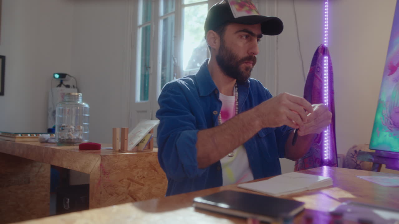 Artist Preparing To Draw a Picture at Desk in Studio