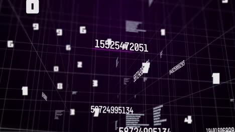 Animation of numbers changing with data processing on grid on purple background