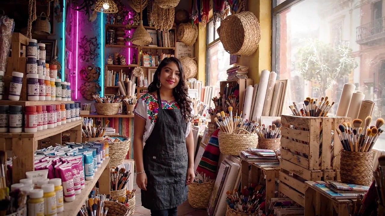 Vetrina di studio d'arte: affascinante artista donna circondata da forniture colorate e materiali creativi, che ispira una passione per l'espressione artistica e la maestria artigianale