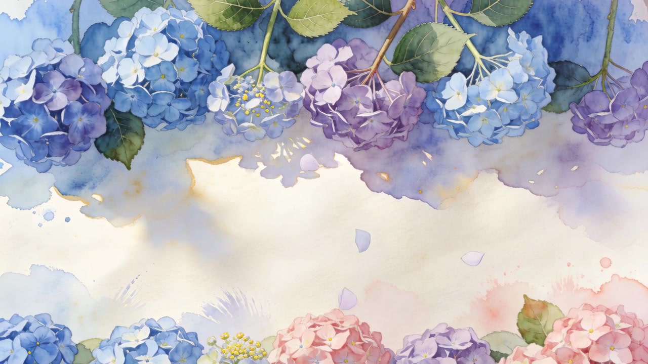 Loop starting hydrangea border shedding petals into cream watercolor wash, creating gentle backdrop