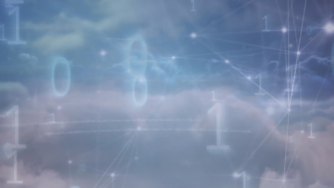 아이콘과 하늘 위의 지구로 연결된 네트워크의 애니메이션