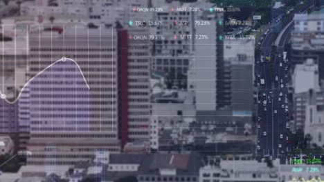 animación del procesamiento de datos estadísticos y bursátiles frente a la vista aérea del tráfico de la ciudad.