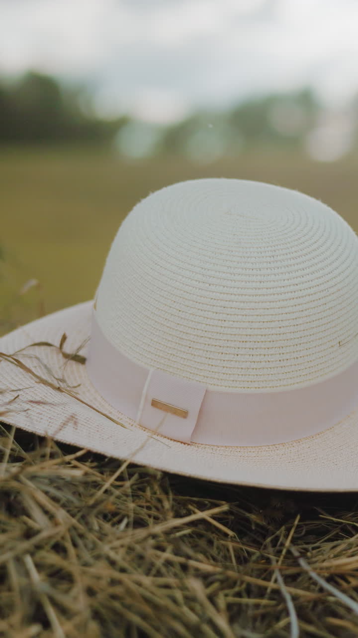 elegante sombrero de sol blanco descansa en la bala de heno con la persona sentada a su lado, bañado en la cálida luz dorada del sol, el fondo borroso muestra el campo abierto del campo, los árboles lejanos