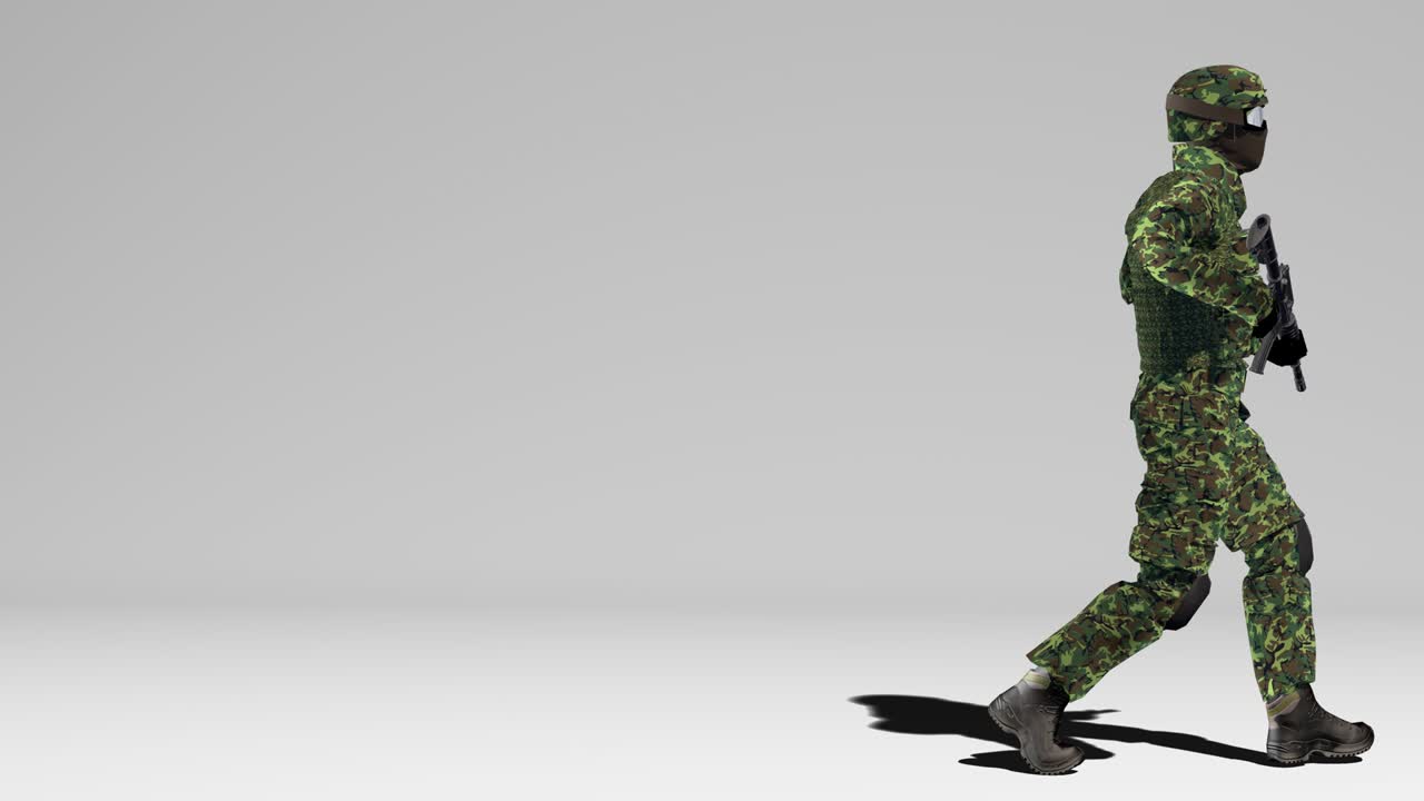 위장된 군인이 준비된 색 배경에서 무기를 들고 고 있다. - 알파 채널, 3d 애니메이션