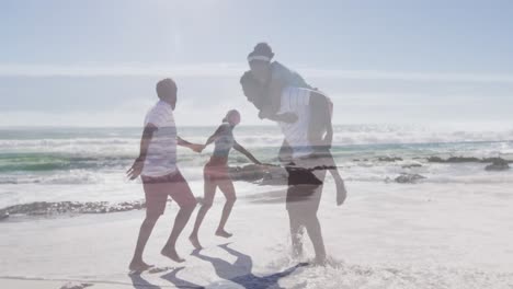 animación de una feliz pareja afroamericana divirtiéndose en la playa