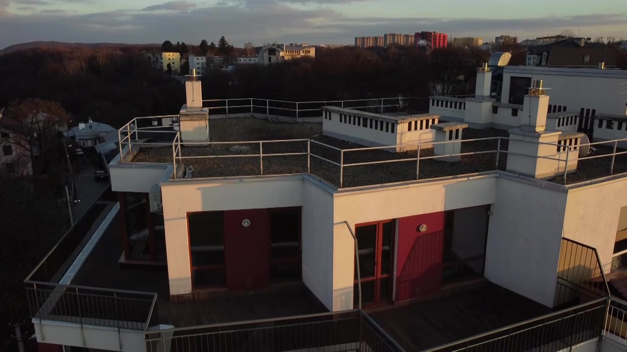 Aerial view of a drone flying over the residential building.