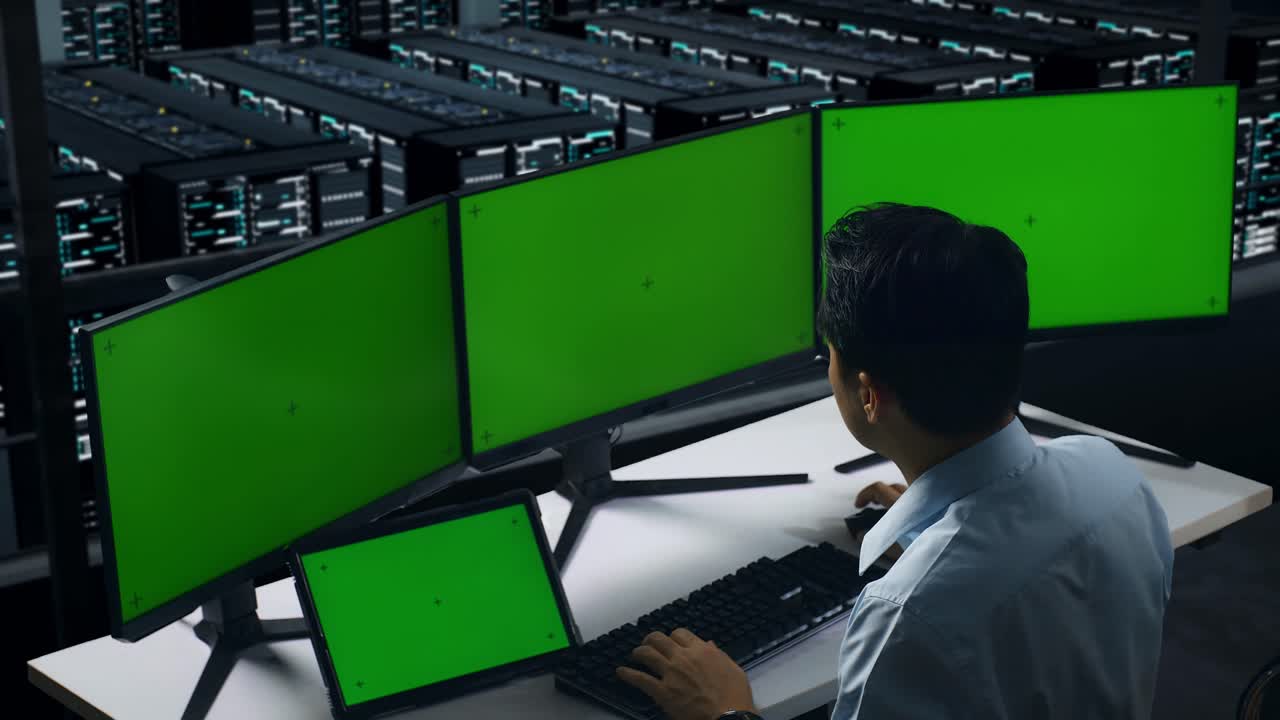 vista trasera de un hombre asiático cansado bostezando mientras trabajaba con un simulacro de varios monitores de computadora en el centro de datos