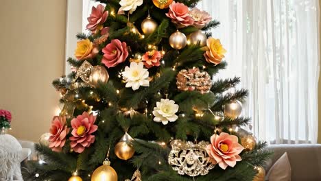el árbol de navidad adornado con brillantes adornos dorados y rosados ilumina una acogedora sala de estar, creando una atmósfera festiva