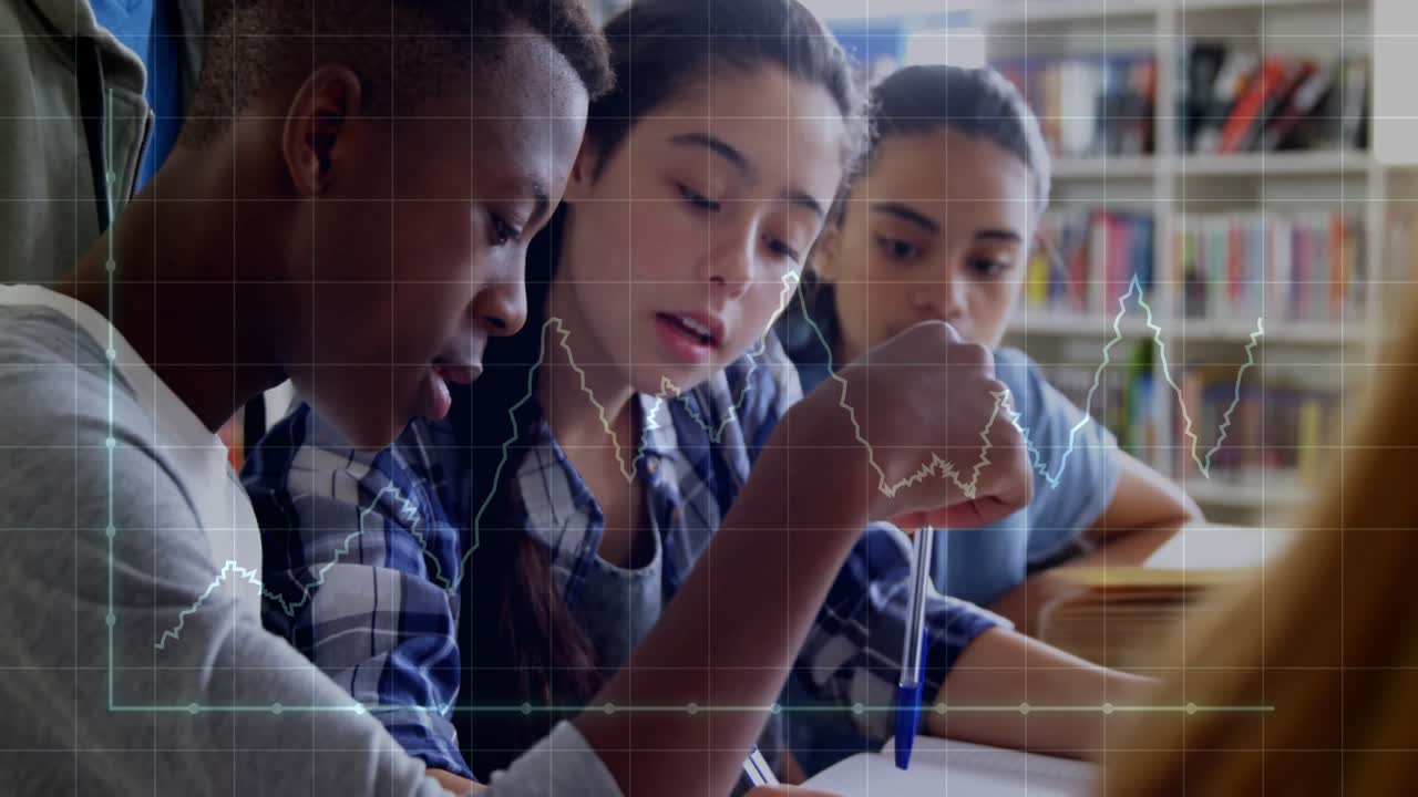 Teen boy raising pencil and initiating education session with peers in library showing grid overlay