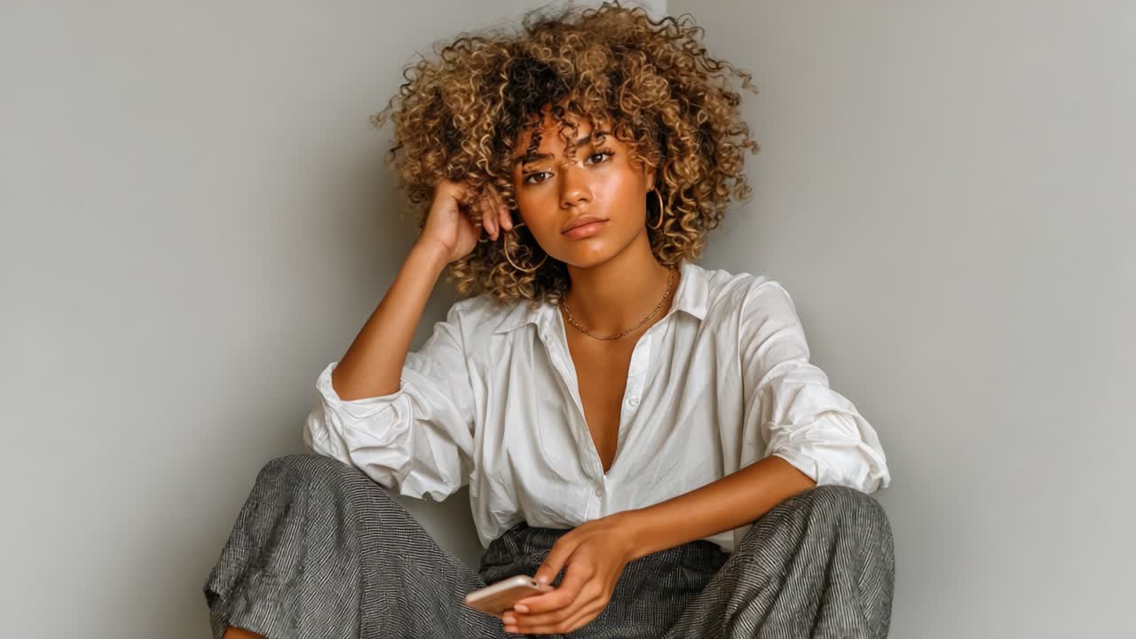 A young woman with curly hair wearing a white shirt and gray pants sits casually, holding a phone in her hand while gazing thoughtfully at the camera
