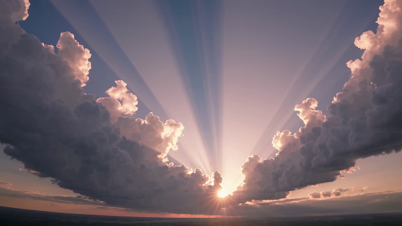 Video aereo cattura drammatici raggi solari che filtrano tra le nuvole al tramonto, creando uno spettacolo mozzafiato.