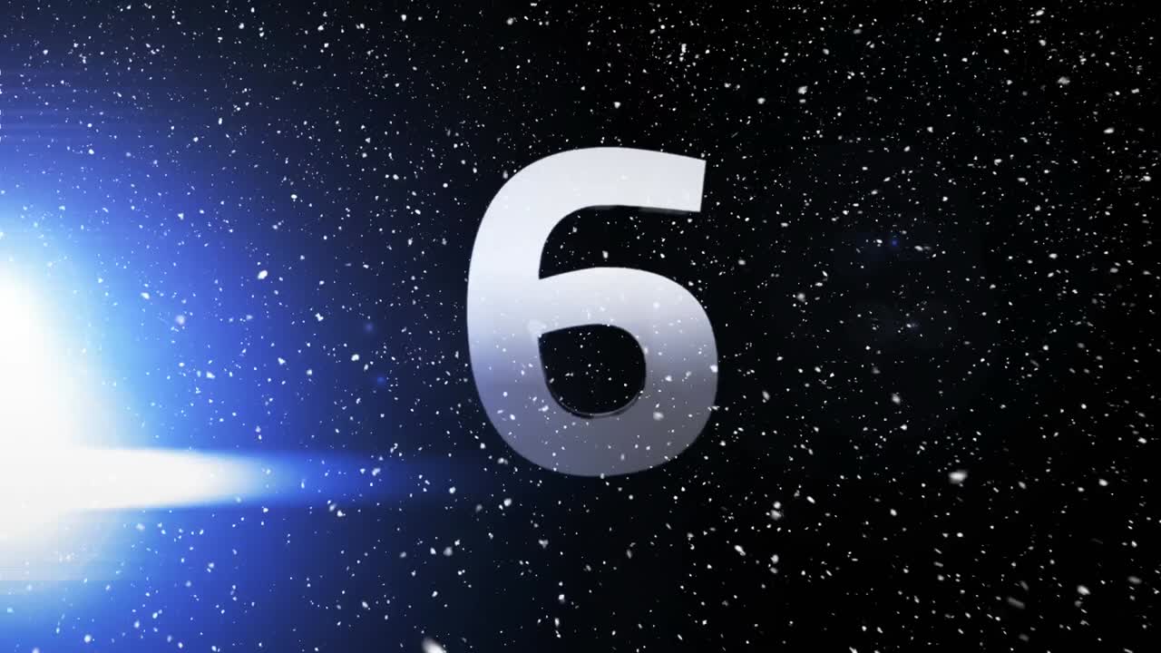 Animazione di neve che cade su un conto alla rovescia e sfondo luminoso