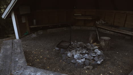 slow motion, moving around a fireplace, inside a wicket or a lean-to, in a forest, on a cold, cloudy autumn day, in scandinavia, finland