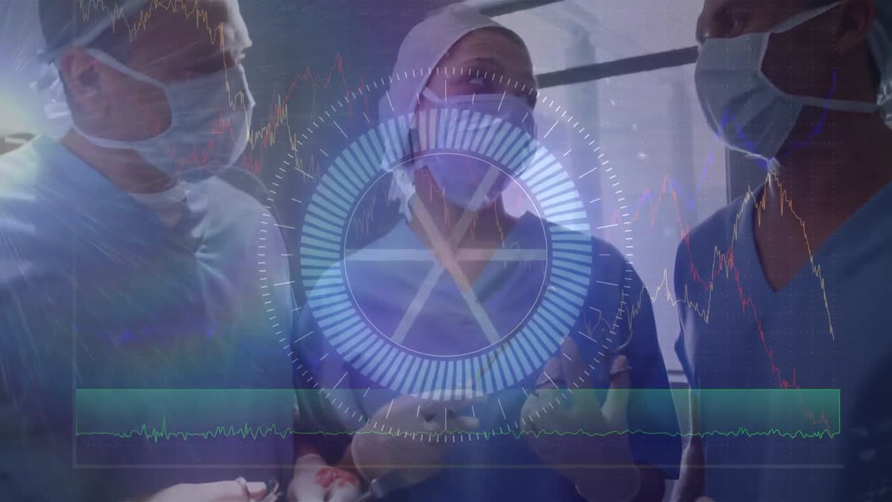 animación de las conexiones con el círculo de procesamiento sobre diversos cirujanos hablando