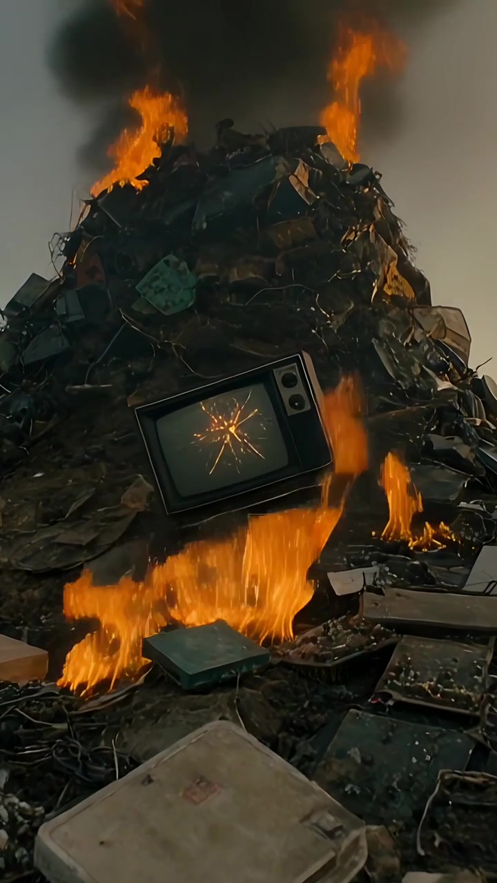 Video verticale: Televisore CRT che scintilla, incendiando un mucchio di rifiuti elettronici in una discarica, producendo fumo.