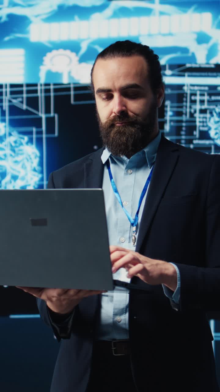 Vertical Video Businessman exploring deep learning and big data connectivity